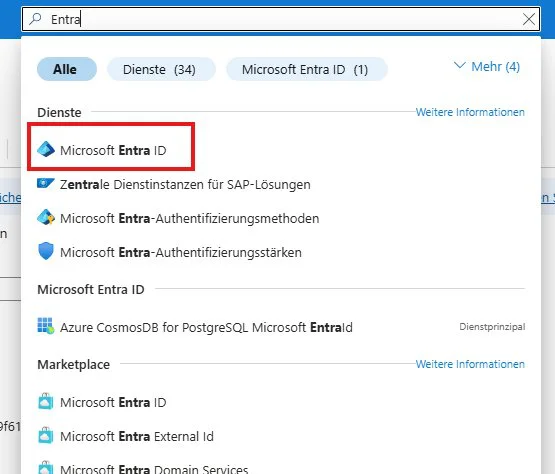 Azure-Portal-Suche nach „Entra“ mit dem Treffer Microsoft Entra ID