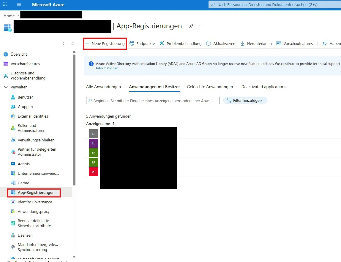 App-Registrierungen-Übersicht in Microsoft Entra ID mit der Schaltfläche Neue Registrierung
