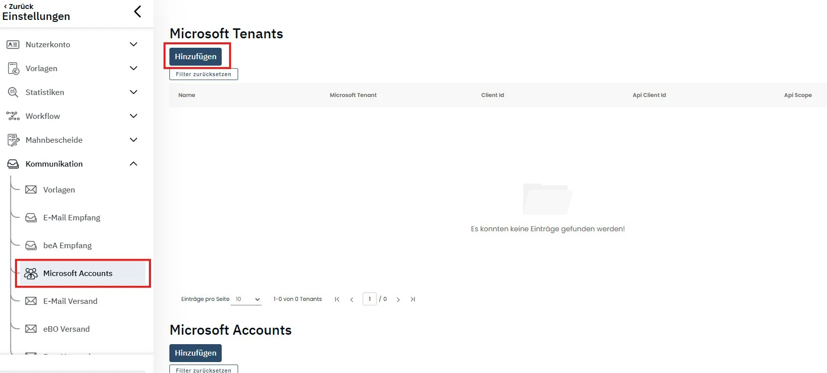 DEPLAW-Einstellungen: Kommunikation → Microsoft Accounts, Tabellen Microsoft Tenants und Microsoft Accounts, beide leer, Schaltfläche Hinzufügen
