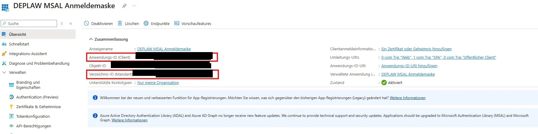Übersicht der App DEPLAW MSAL Anmeldemaske mit Anwendungs-ID (Client), Objekt-ID und Verzeichnis-ID (Mandant), Werte geschwärzt