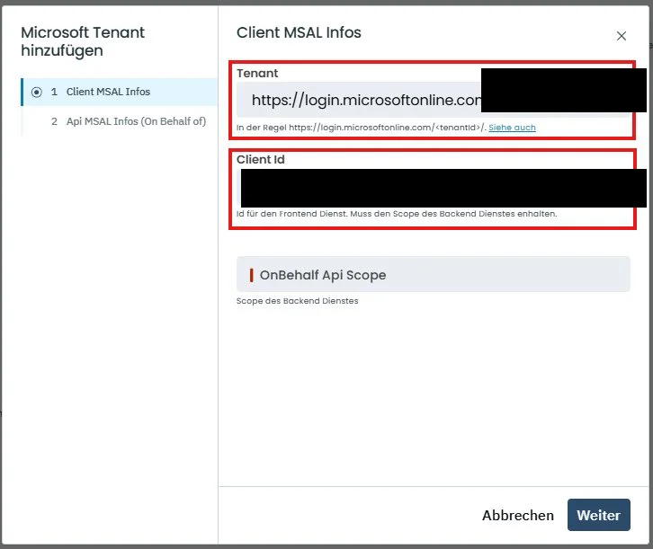 DEPLAW-Dialog Microsoft Tenant hinzufügen, Schritt Client MSAL Infos, mit Feldern Tenant und Client Id