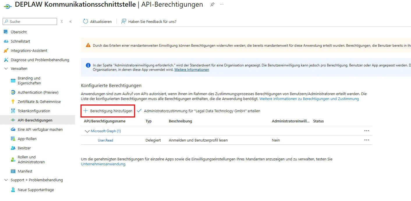 API-Berechtigungen der Kommunikationsschnittstelle mit Schaltfläche Berechtigung hinzufügen