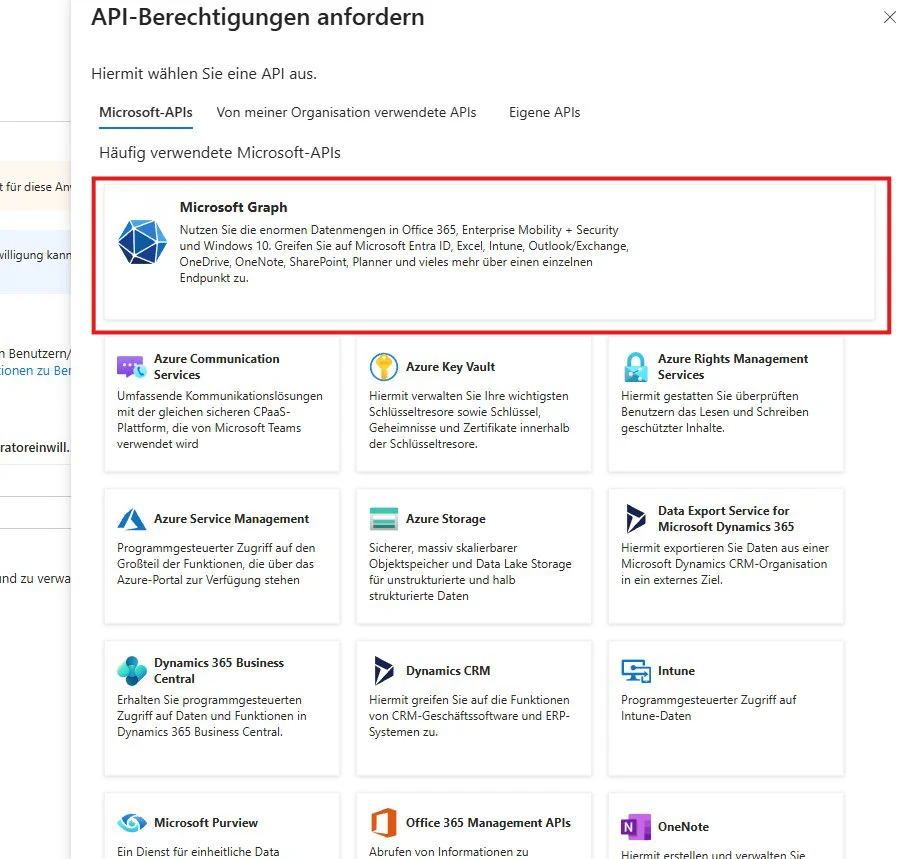 API-Berechtigungen anfordern, Auswahl der API Microsoft Graph unter Häufig verwendete Microsoft-APIs
