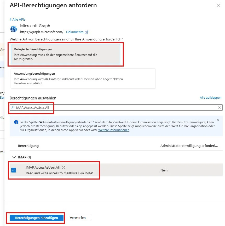 Delegierte Berechtigungen auswählen, Berechtigung IMAP.AccessAsUser.All markiert