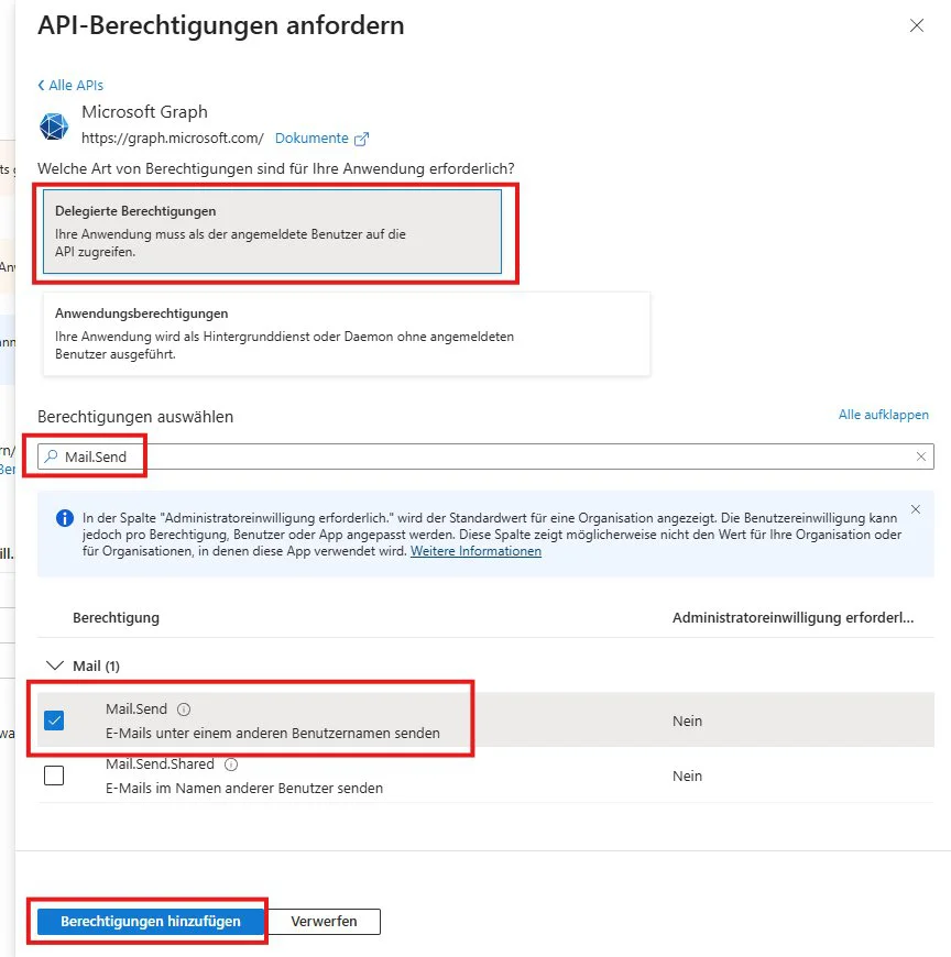 Delegierte Berechtigungen auswählen, Berechtigung Mail.Send markiert