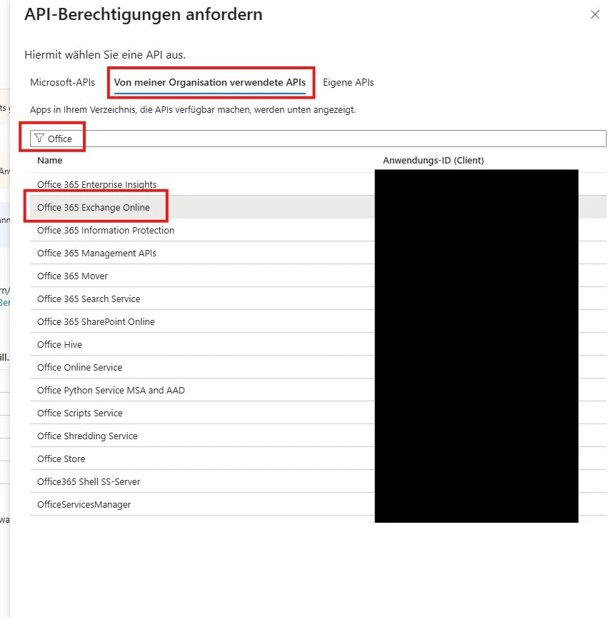 Von meiner Organisation verwendete APIs, nach Office gefiltert, Office 365 Exchange Online markiert