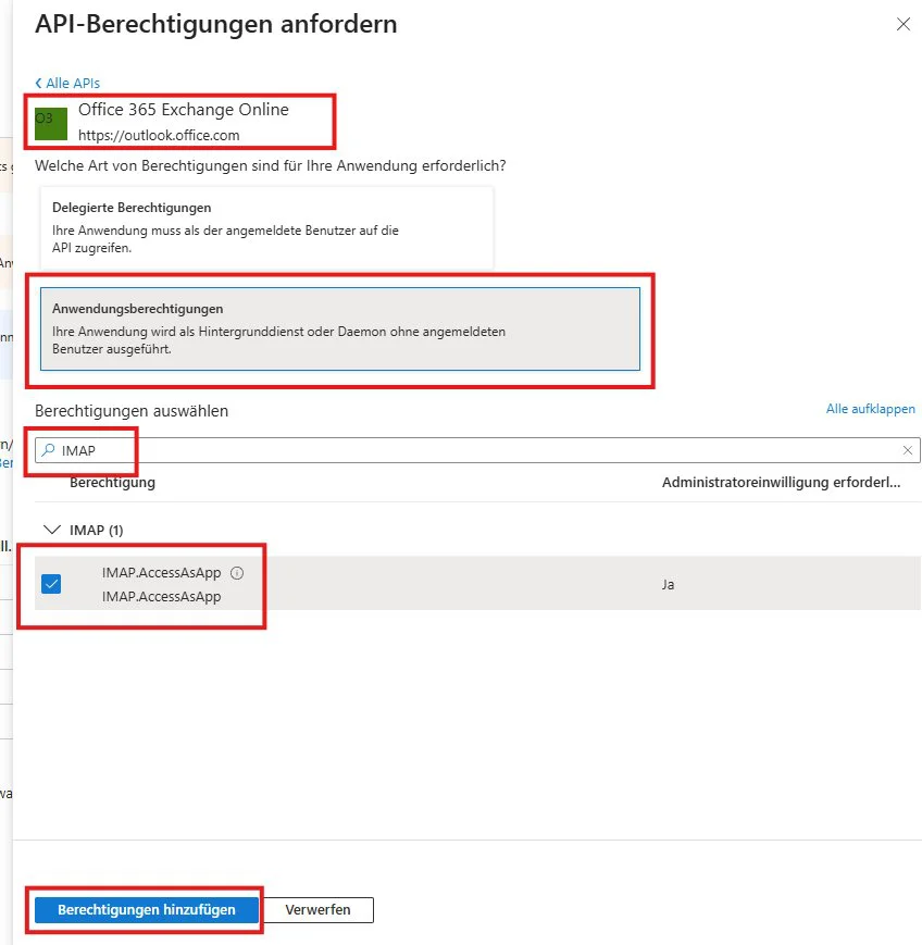 Anwendungsberechtigungen auswählen, Berechtigung IMAP.AccessAsApp markiert, Administratoreinwilligung erforderlich: Ja