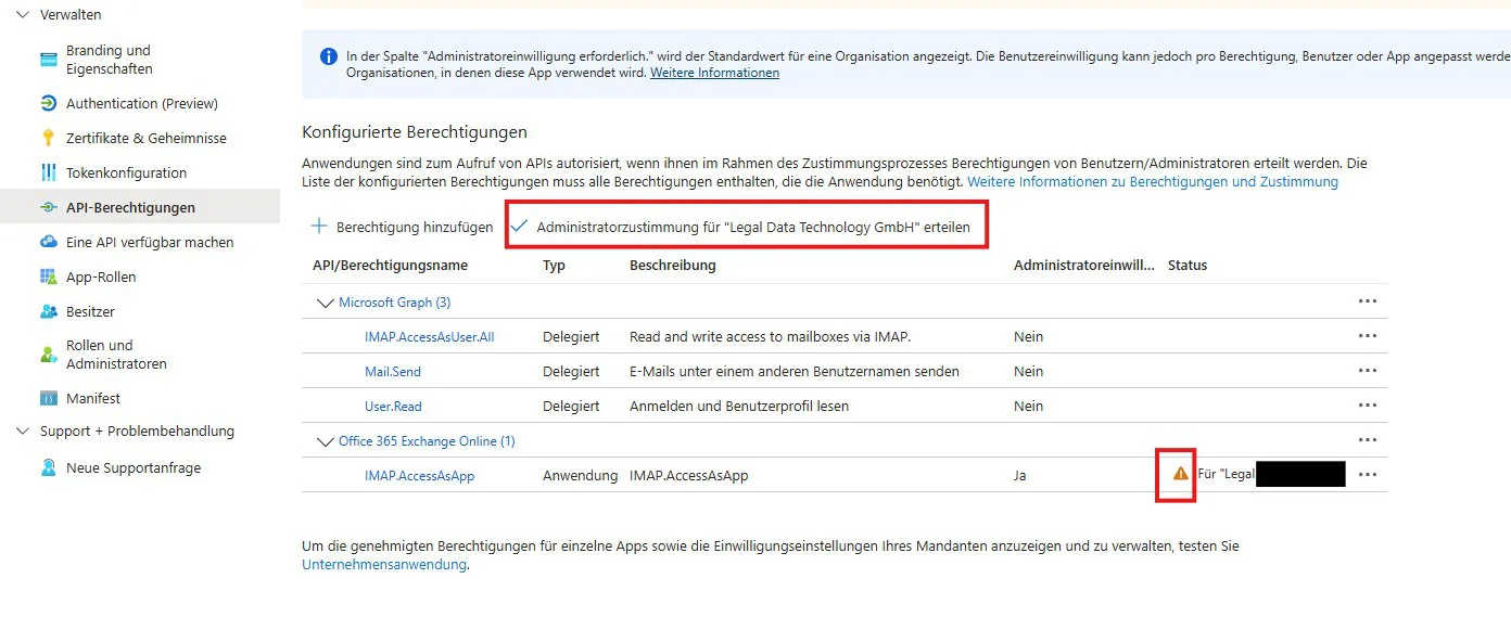 Konfigurierte Berechtigungen mit Link Administratorzustimmung für Legal Data Technology GmbH erteilen, eine Zeile mit Warnsymbol