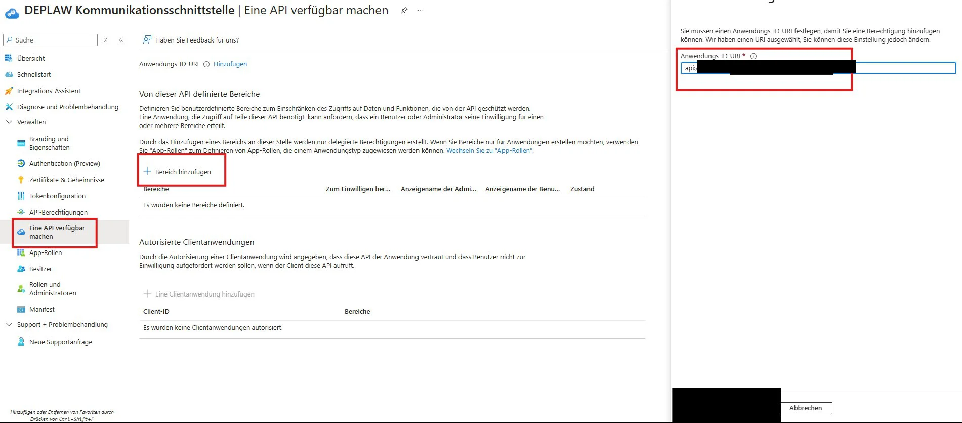 Eine API verfügbar machen, Feld Anwendungs-ID-URI mit vorgeschlagenem Wert api://Client-ID, Client-ID geschwärzt