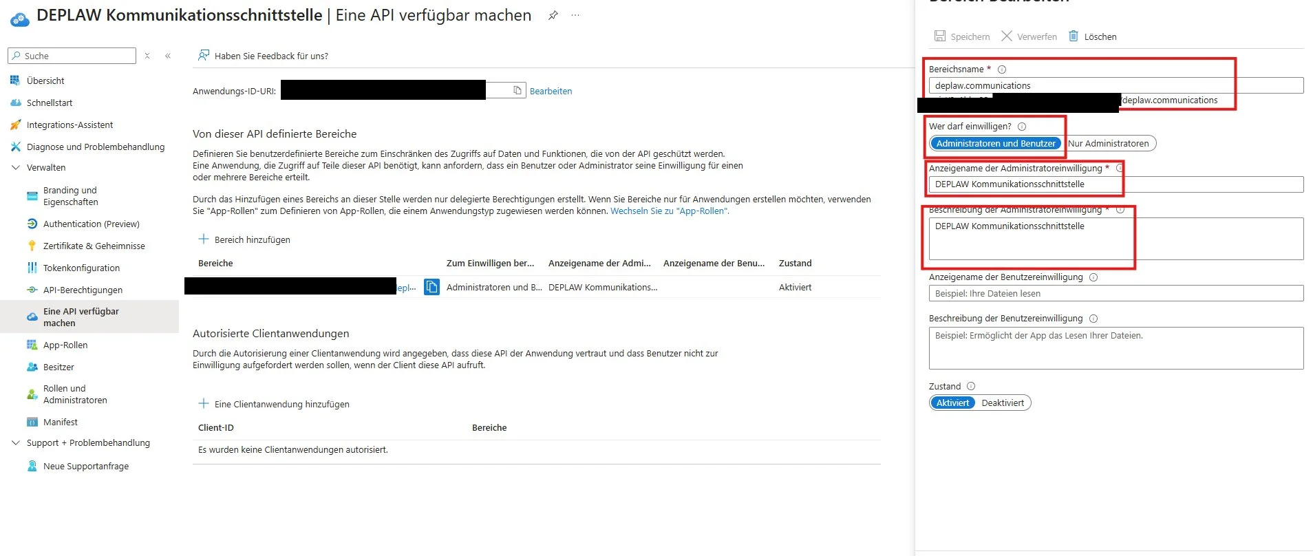Bereich bearbeiten mit Bereichsname deplaw.communications, Wer darf einwilligen Administratoren und Benutzer aktiv, Anzeigename und Beschreibung der Administratoreinwilligung DEPLAW Kommunikationsschnittstelle