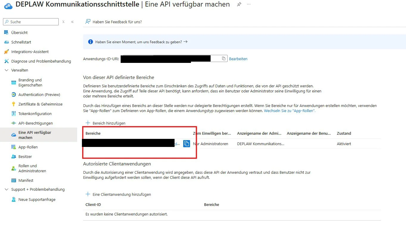 Eine API verfügbar machen, Liste Von dieser API definierte Bereiche mit dem angelegten Bereich deplaw.communications, Zum Einwilligen berechtigt Nur Administratoren, Zustand Aktiviert