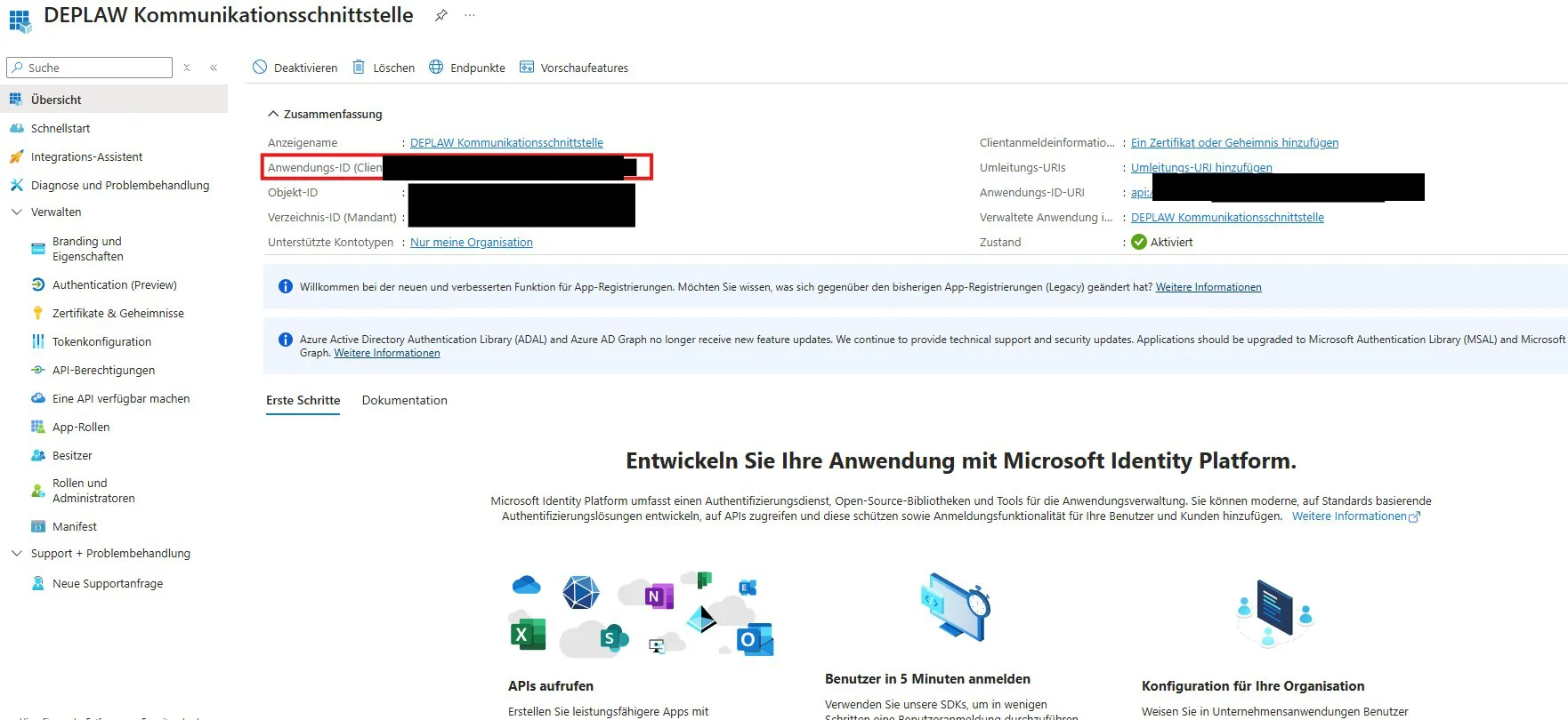 Übersicht der App DEPLAW Kommunikationsschnittstelle mit Anwendungs-ID (Client) und Anwendungs-ID-URI, Werte geschwärzt