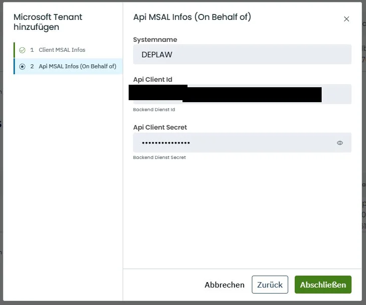 Api MSAL Infos (On Behalf of), Felder Systemname DEPLAW, Api Client Id und Api Client Secret als Punkte maskiert, Schaltfläche Abschließen