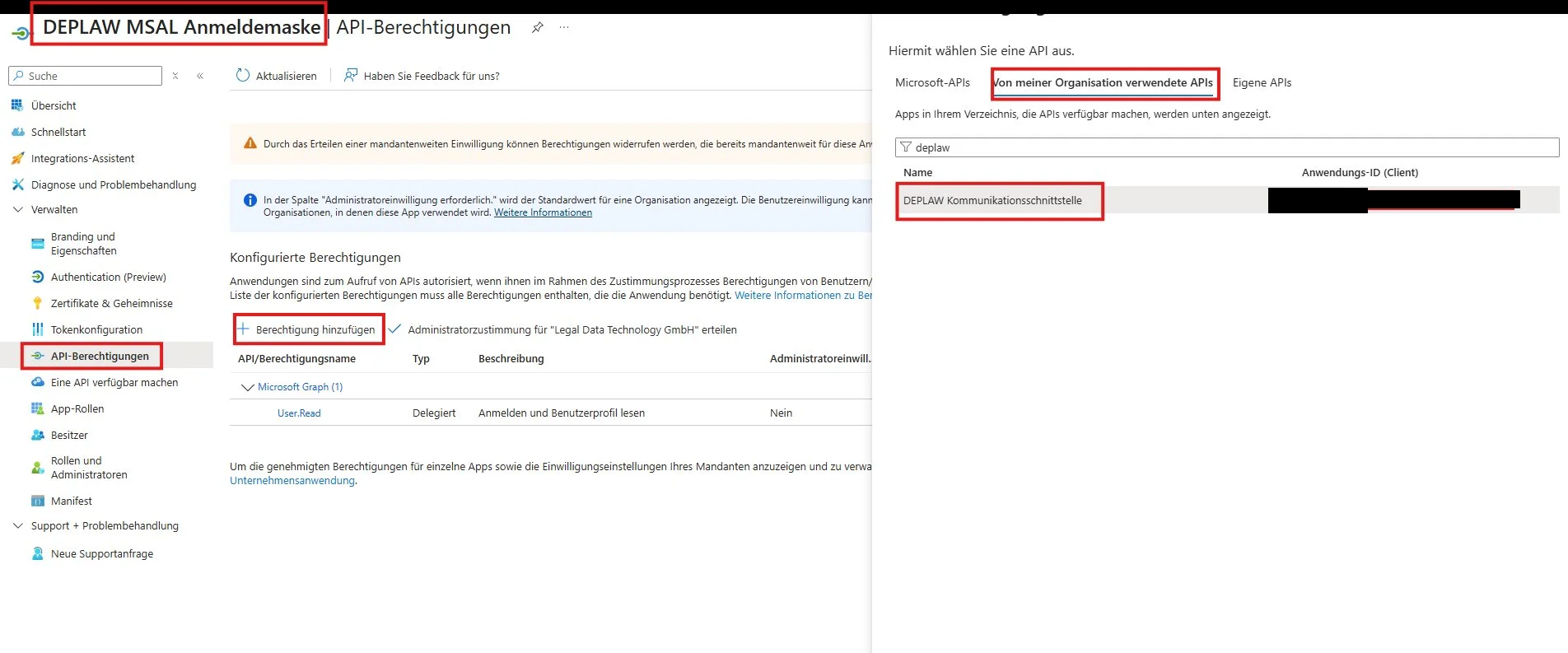 API-Berechtigungen der Anmeldemaske, Von meiner Organisation verwendete APIs nach deplaw gefiltert, DEPLAW Kommunikationsschnittstelle markiert