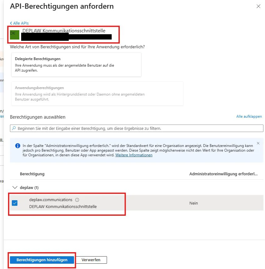 API-Berechtigungen anfordern für DEPLAW Kommunikationsschnittstelle, Delegierte Berechtigungen, Scope deplaw.communications markiert