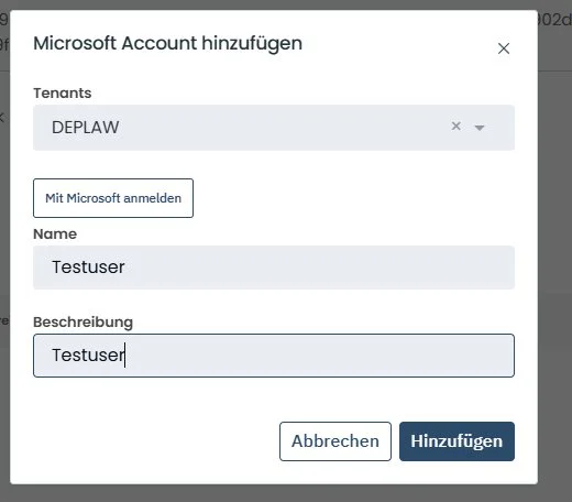Dialog Microsoft Account hinzufügen mit Tenants DEPLAW, Schaltfläche Mit Microsoft anmelden, Name und Beschreibung Testuser