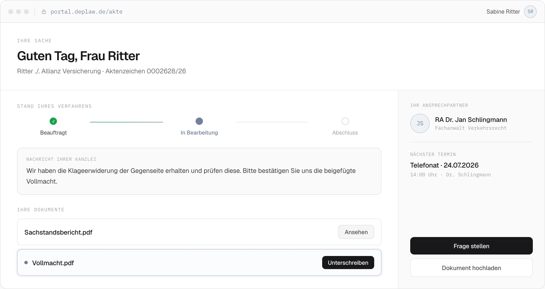 DEPLAW Onlineakte: Mandantenportal mit Verfahrensstatus, Dokumenten und direktem Kontakt zum zuständigen Ansprechpartner