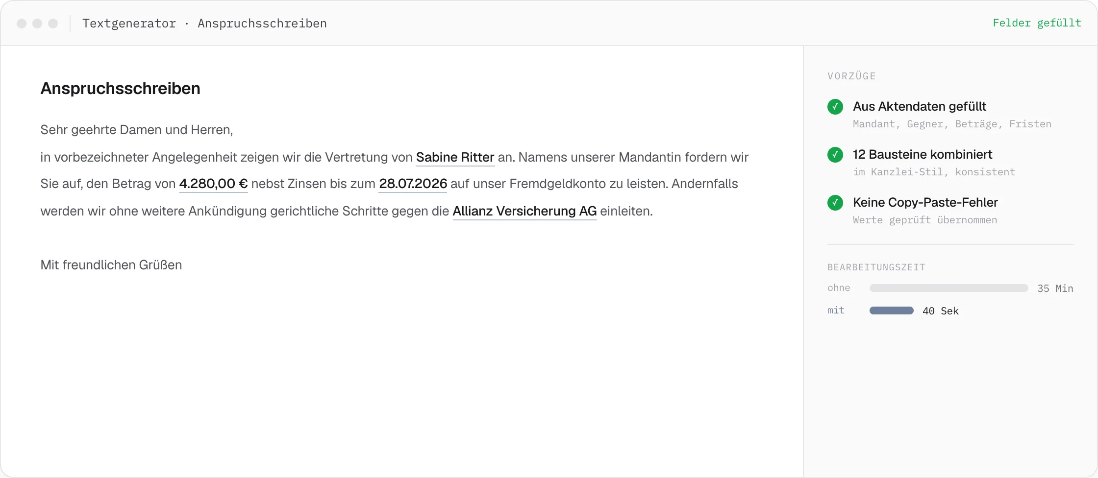 DEPLAW Textgenerator: automatisch aus Aktendaten gefülltes Anspruchsschreiben, Bearbeitungszeit von 35 Minuten auf 40 Sekunden reduziert